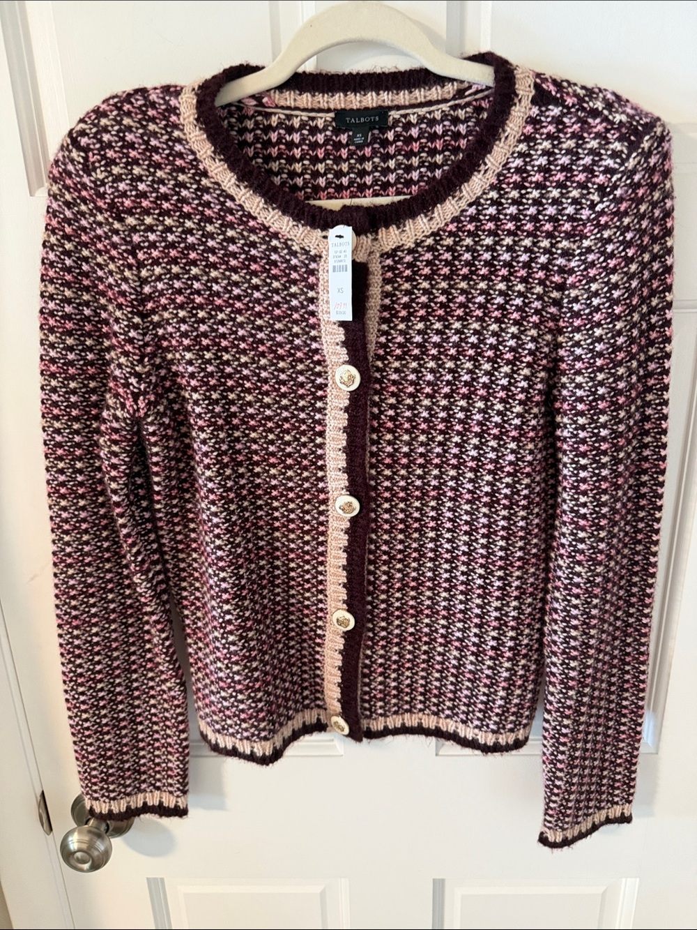 NWT Talbots Tweed Crewneck Cardigan Sweater Burgundy Cream Old Money Size XS